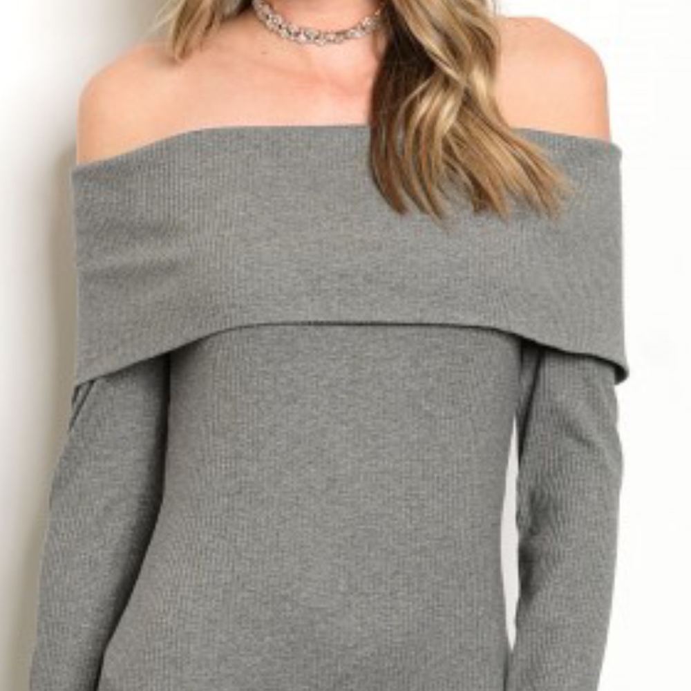 Off Shoulder, ribbed Long Sleeve Midi Dress. - Picture 3 of 4